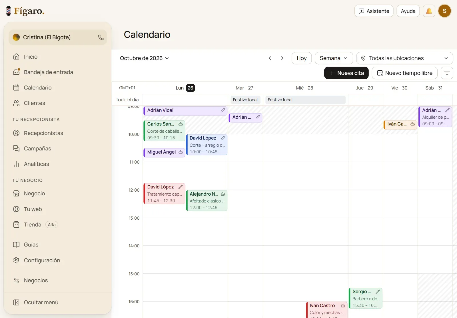 Agenda semanal de Fígaro en un iPad, con las citas de cada profesional de una barbería