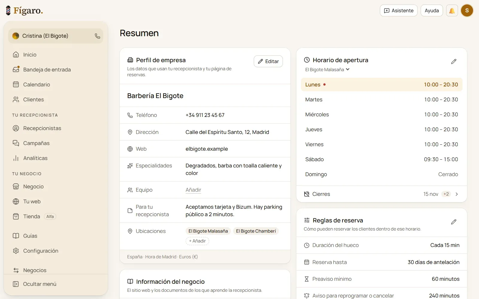 Perfil de empresa, horario de apertura y reglas de reserva de una barbería