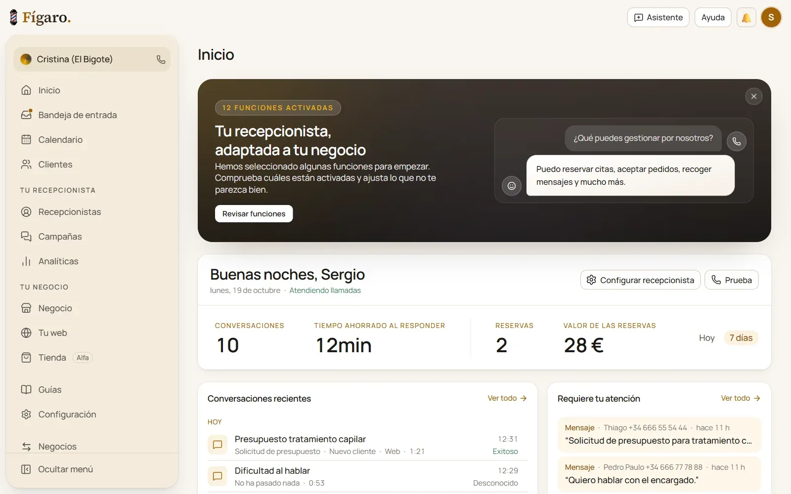 Inicio de Fígaro con las conversaciones recientes, las reservas y lo que requiere atención